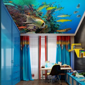 3D Glamour Green Fish CA2607 Carta da parati per soffitto Carta da parati autoadesiva rimovibile Carta da parati Grande peel & Stick Carta da parati Murale AJ WALLPAPERS