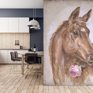 3D Brown Horse Con Rosa A804 Carta da parati rimovibile Carta da parati autoadesiva Grande peel & Stick Carta da parati Carta da parati Murale Debi Coules
