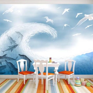 3D mare onde con delfini F75 Carta da parati rimovibile auto adesivo Extra Large Peel & Stick Wallpaper Wallpaper Mural AJ WALLPAPERS