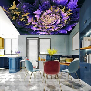 May include: A dining room with a blue and yellow kitchen, a blue and white tiled floor, and a dining table with four chairs. The ceiling is decorated with a purple and gold floral design.