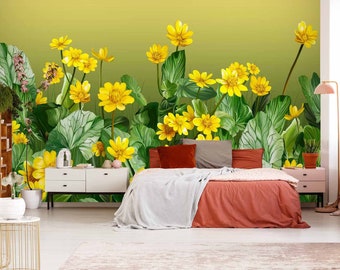 3D Warm Yellow Flowers L2435 Removable Wallpaper Self Adhesive Wallpaper Extra Large Peel & Stick Wallpaper Wallpaper Mural AJ WALLPAPERS