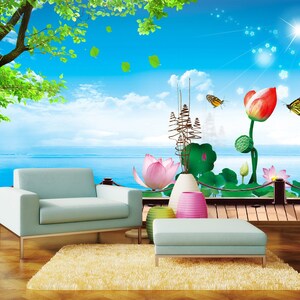 3D Blau Meer Pink Lotus R11434 abnehmbare Tapete selbstklebend Tapete extra groß Peel & Stick Tapete Tapete Wandbild AJ WALLPAPERS