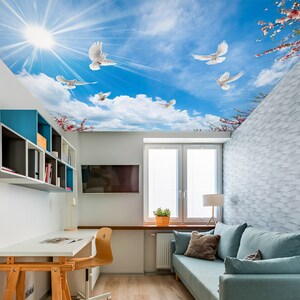 3D Sunshine And Pigeons CA260 Ceiling Wallpaper Removable Self Adhesive Wallpaper Large Peel & Stick Wallpaper Wallpaper Mural AJ WALLPAPERS