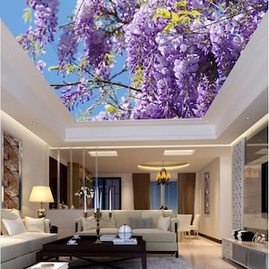 3D paarse bloemen CC357 plafond wallpaper verwisselbare zelf klevende wallpaper grote Peel & stick Wallpaper Wallpaper muurschildering AJ WALLPAPERS