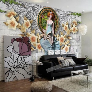 3D meisje met bloemen N303 verwisselbare wallpaper zelf klevende wallpaper extra grote Peel & stick Wallpaper Wallpaper muurschildering AJ WALLPAPERS
