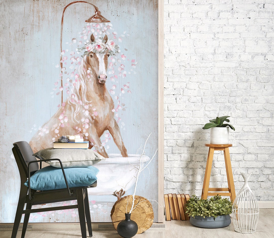 3D Horse and Flower Bath A061 Removable Wallpaper Self Adhesive ...