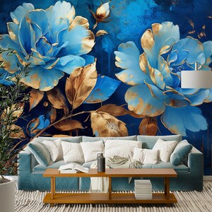 3D Flores Doradas Azules L1774 Papel pintado removible Papel pintado autoadhesivo Papel pintado extra grande Peel & Stick Papel pintado Mural AJ WALLPAPERS