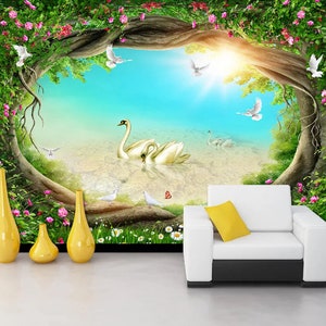3D Blumen und Schwan N206 abnehmbare Tapete selbstklebende Tapete Extra große Peel & Stick Wallpaper Wallpaper Wandbild AJ WALLPAPERS
