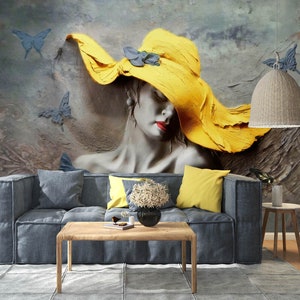 3D Mujer Sombrero Amarillo L2636 Papel pintado removible Papel pintado autoadhesivo Papel pintado extra grande Peel & Stick Papel pintado Mural AJ WALLPAPERS