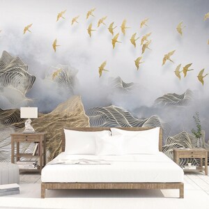 3D Fliegende goldene Vögel R1255 abnehmbare Tapete selbstklebend Tapete extra groß Peel & Stick Tapete Tapete Wandbild AJ WALLPAPERS