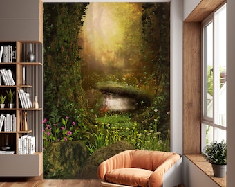 May include: A digital wall mural depicting a lush green forest with a small stream running through it. The forest is illuminated by a soft, golden light, creating a magical and serene atmosphere.