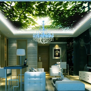 3D groene bladeren en Sky CA338 plafond wallpaper verwisselbare zelf klevende wallpaper grote Peel & stick Wallpaper Wallpaper muurschildering AJ WALLPAPERS