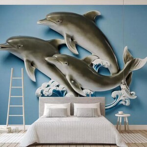 3D Dolphin Wave Kinder A270 abnehmbare Tapete selbstklebende Tapete Extra große Peel & Stick Wallpaper Wallpaper Wandbild AJ WALLPAPERS