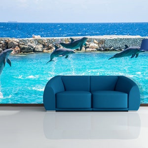 3D Animal Happy Dolphins R10155 abnehmbare Tapete selbstklebend Tapete extra groß Peel & Stick Tapete Tapete Wandbild AJ WALLPAPERS