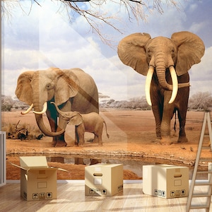 3D Animal Elephant Family R5249 Papier peint amovible Papier peint autocollant Extra Large Peel & Stick Wallpaper Wallpaper Mural AJ WALLPAPERS