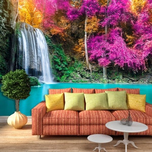 3D Waterfall And Flowers L207 Removable Wallpaper Self Adhesive Wallpaper Extra Large Peel & Stick Wallpaper Wallpaper Mural AJ WALLPAPERS