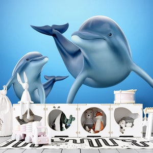 3D Cartoon Niedliche Delfine R6707 abnehmbare Tapete selbstklebend Tapete extra groß Peel & Stick Tapete Tapete Wandbild AJ WALLPAPERS