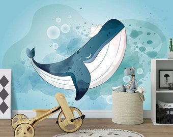 3D caricatura ballena MMM198 extraíble fondo de pantalla autoadhesivo papel pintado extra grande Peel & Stick Wallpaper Mural AJ WALLPAPERS