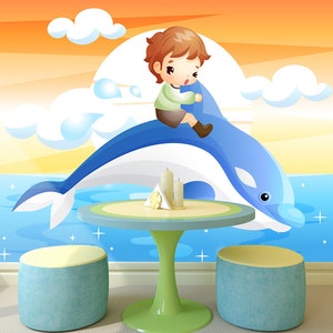3D Kind Cartoon Dolphin R11372 Verwijderbaar Behang Zelfklevend Behang Extra Grote Peel &Stick Wallpaper Wallpaper Mural AJ WALLPAPERS