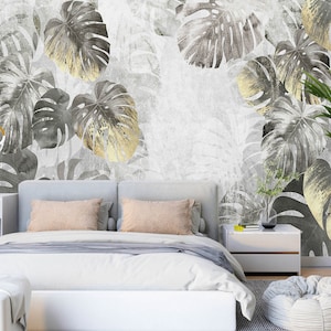 Graue Monstera 3D Blätter L2485 Entfernbare Tapete Selbstklebende Tapete Extra Großes Wandbild zum Abziehen und Aufkleben AJ WALLPAPERS