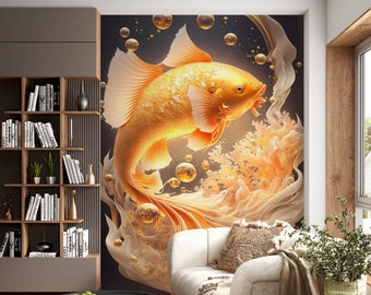 Könnte beinhalten: Ein goldener Fisch mit Flossen und Schwanz, der sich in einem Wirbel aus Weiß und Gold bewegt. Der Fisch ist von Blasen und Korallen umgeben.