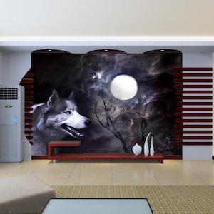 3D Wolf mit Mond L179 abnehmbare Tapete selbst klebende Tapete Extra große Peel & Stick Wallpaper Wallpaper Wandbild AJ WALLPAPERS