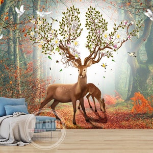 3D Hirsch im Wald D339 abnehmbare Tapete selbstklebende Tapete Extra große Peel & Stick Wallpaper Wallpaper Wandbild AJ WALLPAPERS