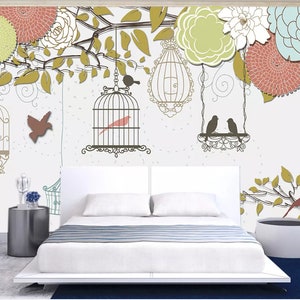 3D Cartoon vogels en bloem N41 verwisselbare wallpaper zelf klevende wallpaper extra grote Peel & stick Wallpaper Wallpaper muurschildering AJ WALLPAPERS