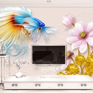 3D chinesische Lotus Goldfisch N357 abnehmbare Tapete selbstklebende Tapete Extra große Peel & Stick Wallpaper Wallpaper Wandbild AJ WALLPAPERS