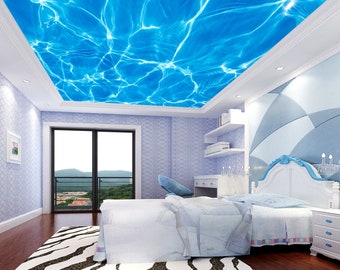 3D Blue Ripple C077 Ceiling Wallpaper Removable Self Adhesive Wallpaper Large Peel & Stick Wallpaper Wallpaper Mural AJ WALLPAPERS