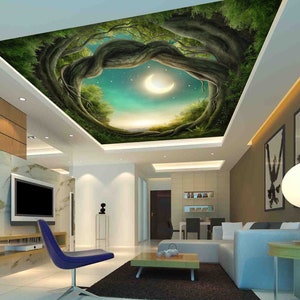 3D boom en maan C025 plafond wallpaper verwisselbare zelfklevende wallpaper extra grote Peel & stick Wallpaper Wallpaper muurschildering AJ WALLPAPERS