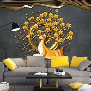 3D Animal Golden Deer L2114 Papel pintado removible Papel pintado autoadhesivo Extra grande Peel & Stick Wallpaper Mural AJ WALLPAPERS
