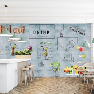May include: A blue and white wall mural with a chalkboard style design featuring a variety of cocktails and drinks. The mural includes the words "Chill Out", "Drink", "Mai Tai", "Blue Hawaii", "Fruits", "Appletini", and "Classics Cocktails".