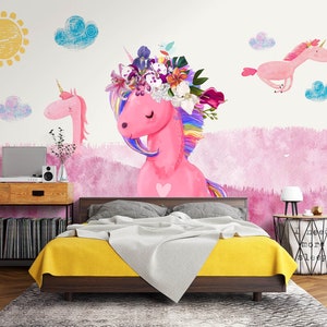 3D Animal Pink Unicorn L2458 Papel pintado removible Papel pintado autoadhesivo Papel pintado extra grande Peel & Stick Papel pintado Mural AJ WALLPAPERS