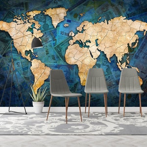 3D Dinheiro E Mapa Arte L953 Papel de Parede Removível Papel de Parede Autoadesivo Extra Grande Peel & Stick Papel de Parede Mural AJ PAPÉIS DE PAREDE