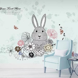 Lapins 3D avec des fleurs F32 Fonds peint amovible Auto-adhésif Fonds peint Extra Large Peel - Stick Wallpaper Wallpaper Mural AJ WALLPAPER AJ WALLPAPER