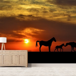 3D Sonnenuntergang Meer niedliche Pferde R4235 abnehmbare Tapete selbstklebend Tapete extra groß Peel & Stick Tapete Tapete Wandbild AJ WALLPAPERS