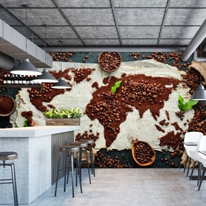3D Koffiebonen Wereldkaart R6814 Verwijderbaar Behang Zelfklevend Behang Extra Grote Peel &Stick Wallpaper Muurschildering AJ WALLPAPERS