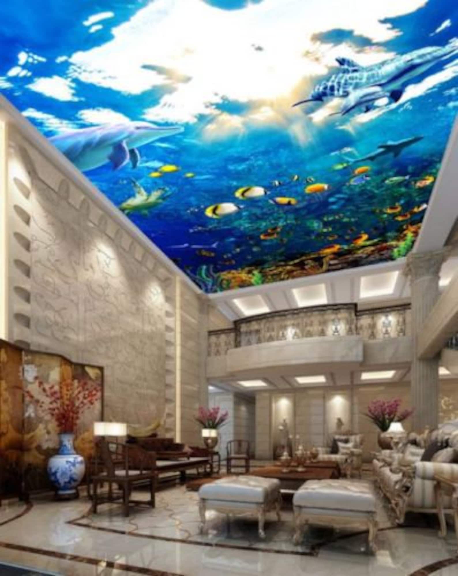 3D Blue Sea Fish CC018 Ceiling Wallpaper Removable Self - Etsy