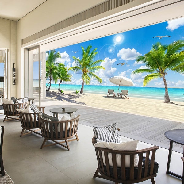 3D Strand Seaside Sunshine A220 abnehmbare Tapete selbstklebende Tapete Extra große Peel & Stick Wallpaper Wallpaper Wandbild AJ WALLPAPERS