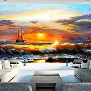 3D schöne Sonnenuntergang und Meer N86 abnehmbare Tapete selbst klebende Tapete Extra große Peel & Stick Wallpaper Wallpaper Wandbild AJ WALLPAPERS
