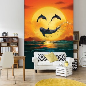 3D Springen Delphin Lächeln Zeichen Dämmerung Meer A034 abnehmbare Tapete selbstklebende Tapete große Peel & Stick Wallpaper Wallpaper Wandbild Vincent