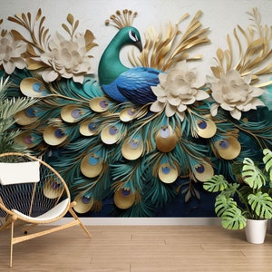3D Tier Pfau L1784 Abnehmbare Tapete selbstklebende Tapete Extra große Peel & Stick Wallpaper Wallpaper Wandbild AJ HINTERGRUNDBILDER