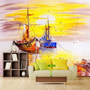 3D Fishing Boat Transport R11274 Fondo de pantalla extraíble Fondo de pantalla autoadhesivo Peel & Stick Wallpaper Wallpaper Mural AJ WALLPAPERS