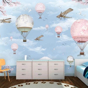 3D vliegtuig roze ballon A1714 verwisselbare wallpaper zelf klevende wallpaper extra grote Peel & stick Wallpaper Wallpaper muurschildering AJ WALLPAPERS