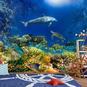 3D Delfin und Schildkröte L1255 abnehmbare Tapete selbstklebende Tapete extra groß Peel & Stick Tapete Tapete Wandbild AJ WALLPAPERS