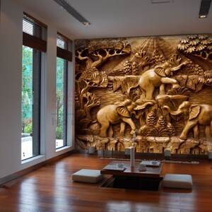 3D Éléphants sculptés R5068 Papier peint amovible Papier peint autocollant Extra Large Peel & Stick Wallpaper Wallpaper Mural AJ WALLPAPERS