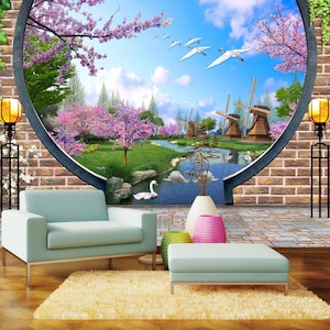 3D Natur Windmühle R4477 abnehmbare Tapete selbstklebend Tapete extra groß Peel & Stick Tapete Tapete Wandbild AJ WALLPAPERS