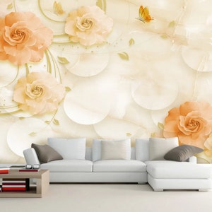 3D oranje bloemen N205 verwisselbare wallpaper zelf klevende wallpaper extra grote Peel & stick Wallpaper Wallpaper muurschildering AJ WALLPAPERS