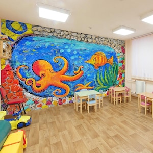 3D Cartoon Octopus L1605 Carta da parati rimovibile Carta da parati autoadesiva Carta da parati Extra Large Peel & Stick Wallpaper Wallpaper Mural AJ WALLPAPERS